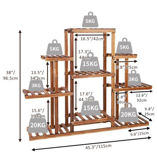 présentoir fleur en bois carbonisé à 9 niveaux