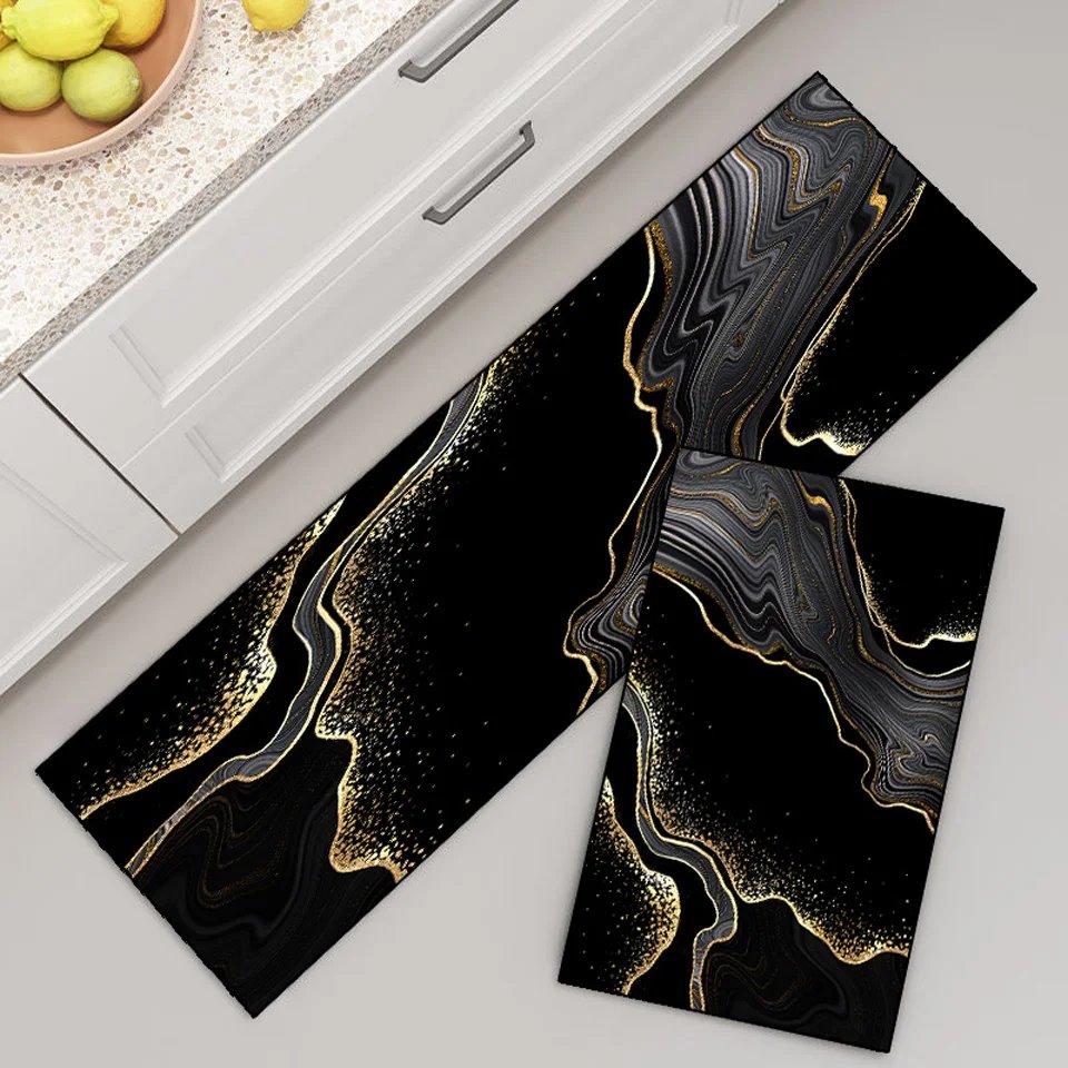 Cuisine tapis sol textile déco — Tapis de sol cuisine style nordique abstrait - Noir et Or | home20.fr