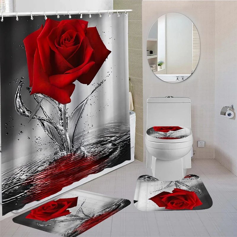 Ensemble Rideau de Douche Roses + Tapis & Accessoi