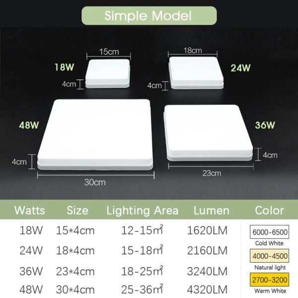 Plafonnier en LED carré, éclairage d'intérieur, lumière blanche chaude ou froide