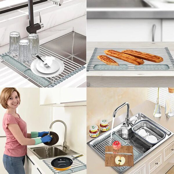 Égouttoir à vaisselle pliable en acier inoxydable, étagère de séchage à rouler, support d'évier de cuisine, organisateur de bol, rangement d'assiettes