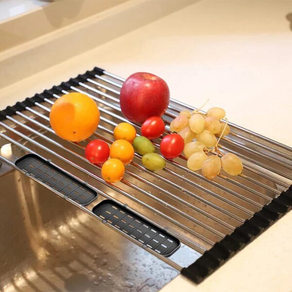 Égouttoir à vaisselle pliable en acier inoxydable, étagère de séchage à rouler, support d'évier de cuisine, organisateur de bol, rangement d'assiettes