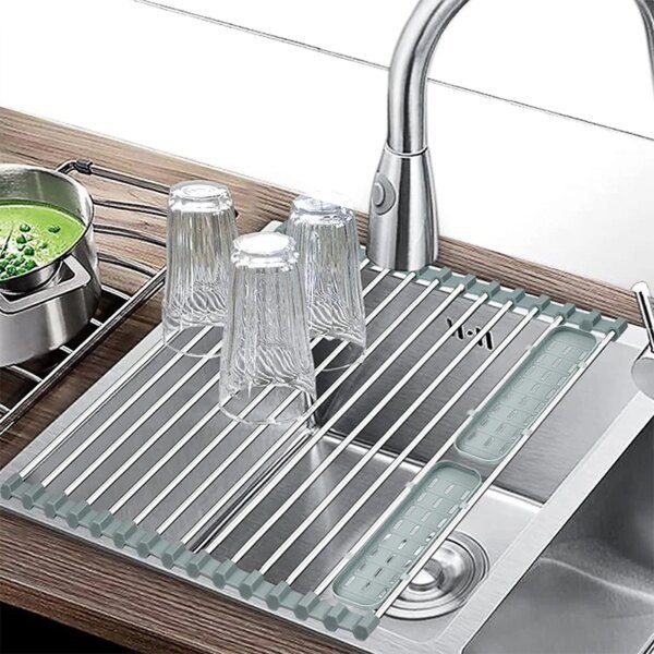 Égouttoir à vaisselle pliable en acier inoxydable, étagère de séchage à rouler, support d'évier de cuisine, organisateur de bol, rangement d'assiettes