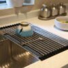 Égouttoir à vaisselle pliable en acier inoxydable, étagère de séchage à rouler, support d'évier de cuisine, organisateur de bol, rangement d'assiettes