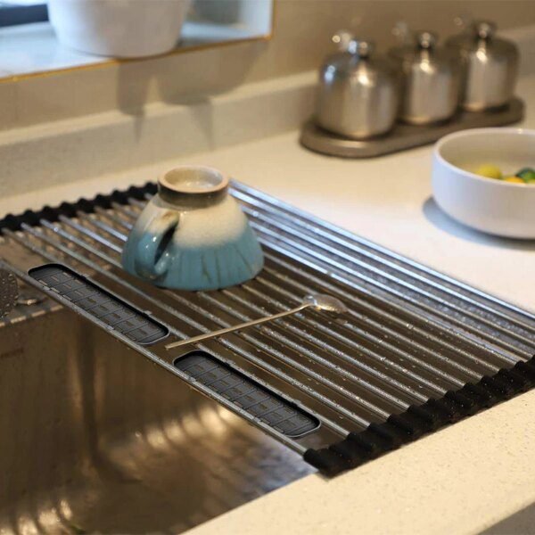 Égouttoir à vaisselle pliable en acier inoxydable, étagère de séchage à rouler, support d'évier de cuisine, organisateur de bol, rangement d'assiettes