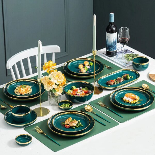 assiette ceramique , ensemble de vaisselle plats de luxe aliments verts