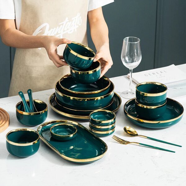 assiette ceramique , ensemble de vaisselle plats de luxe aliments verts