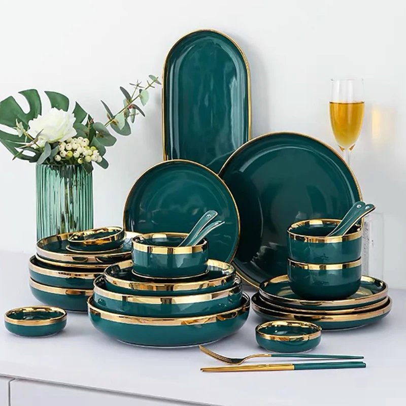 Ensemble assiette ceramique ustensile de — assiette ceramique , ensemble de vaisselle plats de luxe aliments verts | home20.fr