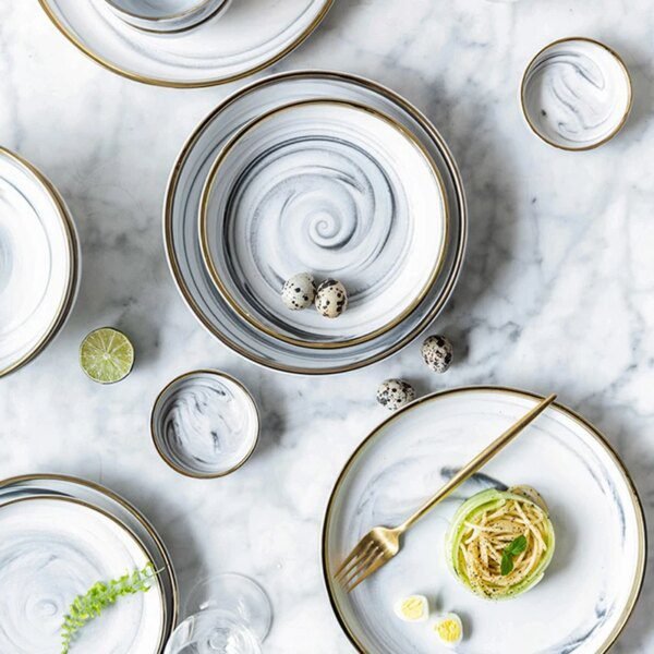 Ensemble d'assiettes à dîner en céramique, Design marbre, assiette à Steak, bol à salade