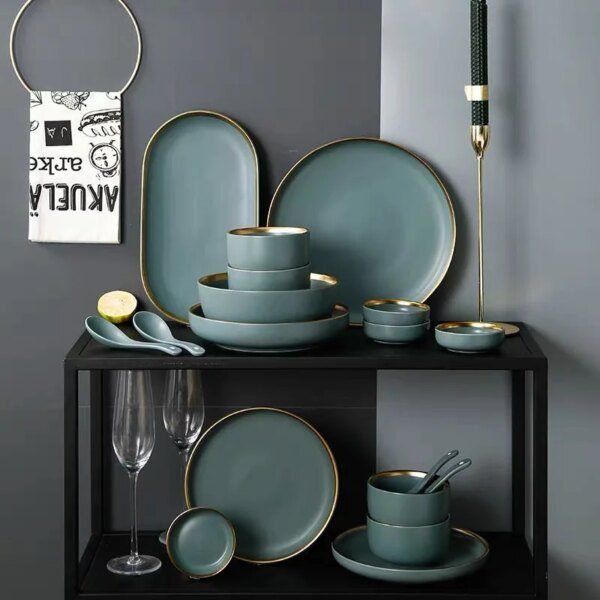 Service de table en céramique gris-vert, vaisselle