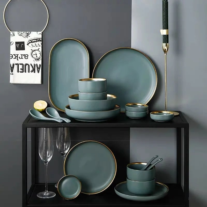 Service de table en céramique gris-vert, vaisselle