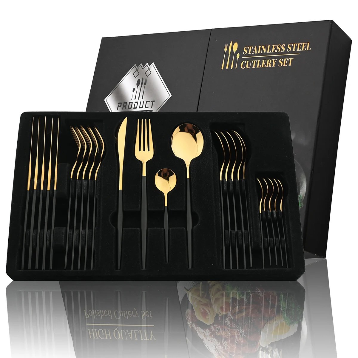 couvert de table Dorés à Manche Noir, Vaisselle Plate en Acier Inoxydable