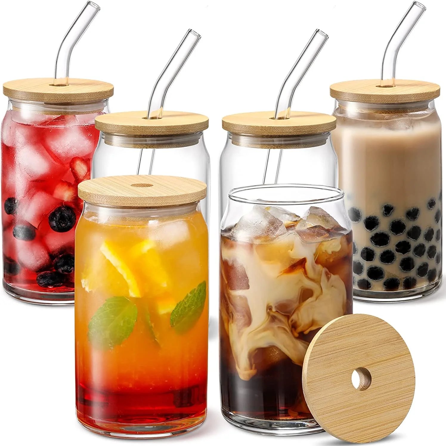 Transparent tasse verre ustensile de — Tasse en verre transparent avec couvercle et paille | home20.fr