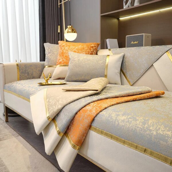 Housse de canapé épaisse, bord doré, antidérapante, moderne, décoration pour salon