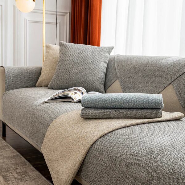 Housse de canapé d'angle en tissu lin, couleur unie, tissu épais pour salon