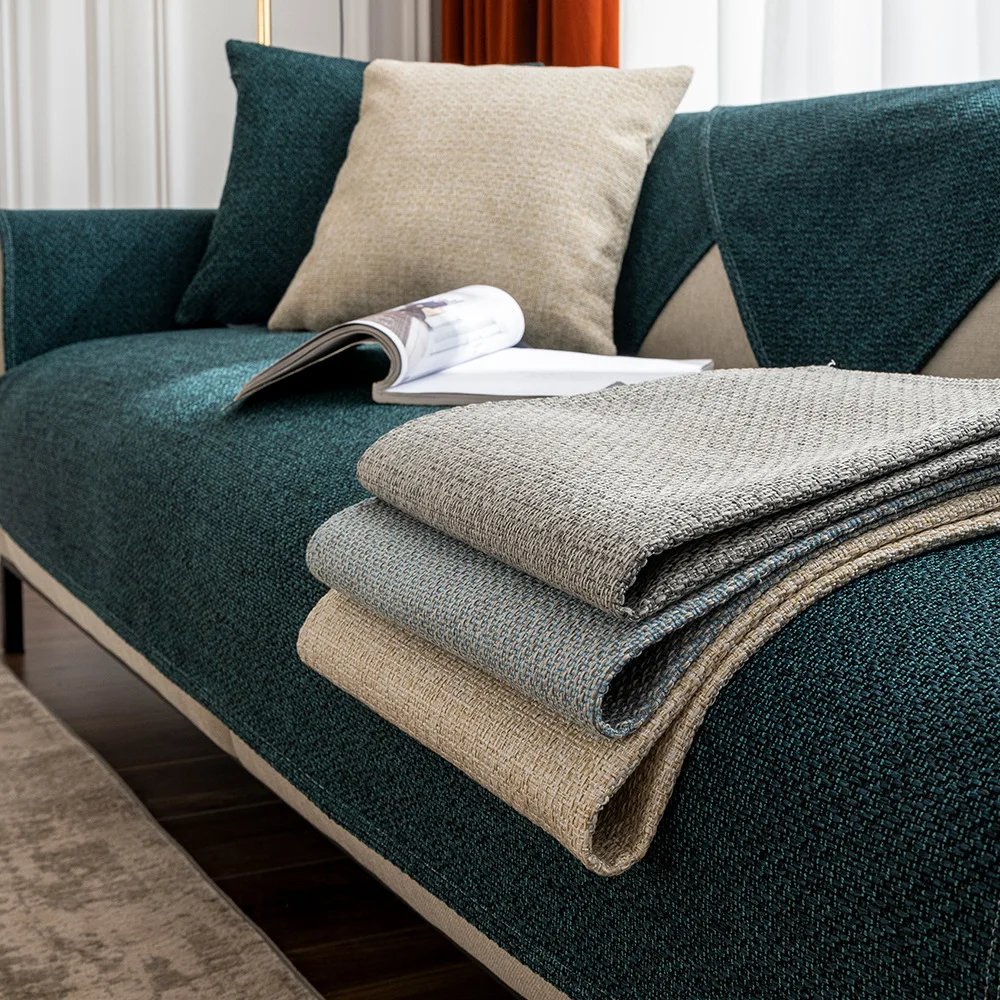 Housse de canapé d'angle en tissu lin, couleur unie, tissu épais pour salon