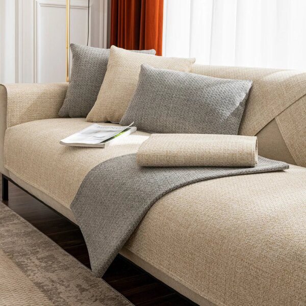Housse de canapé d'angle en tissu lin, couleur unie, tissu épais pour salon