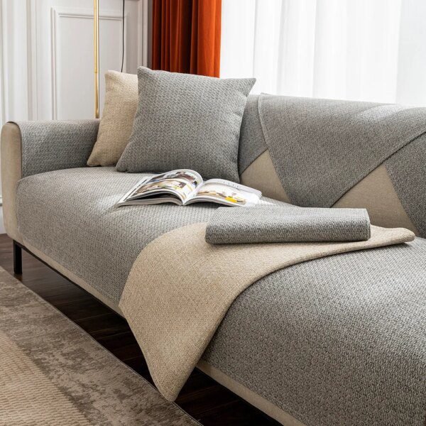 Housse de canapé d'angle en tissu lin, couleur unie, tissu épais pour salon