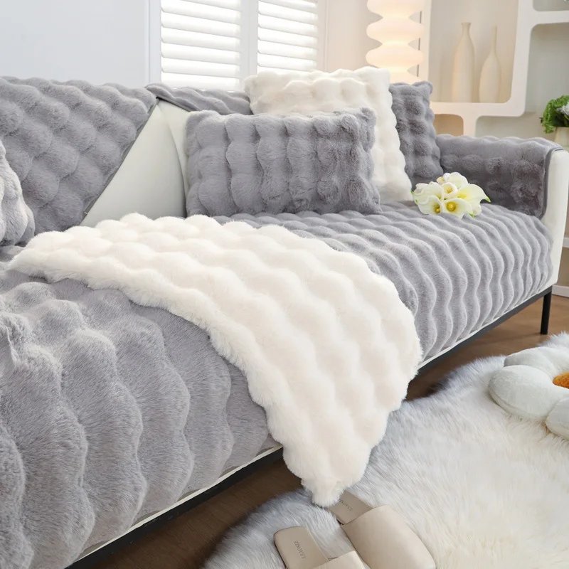 Lapin canapé peluche housse — Housse de canapé en peluche de lapin, housse d'hiver en cuir, antidérapante, serviette en tissu | home20.fr