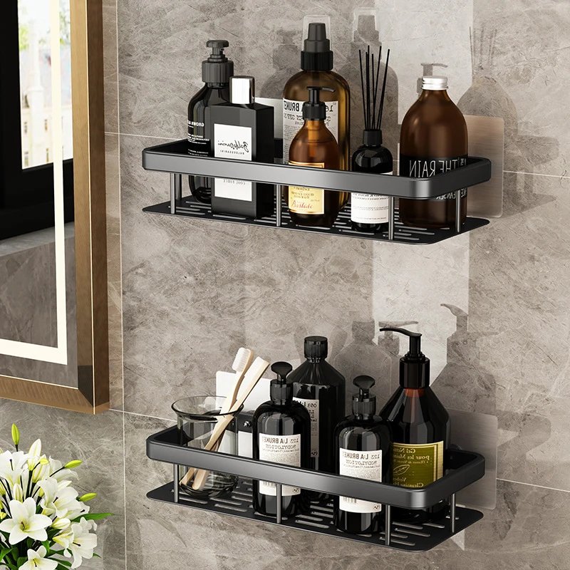 Étagère angle accessoire salle — Étagère d’Angle Salle de Bain Sans Percage - Aluminium Premium | home20.fr