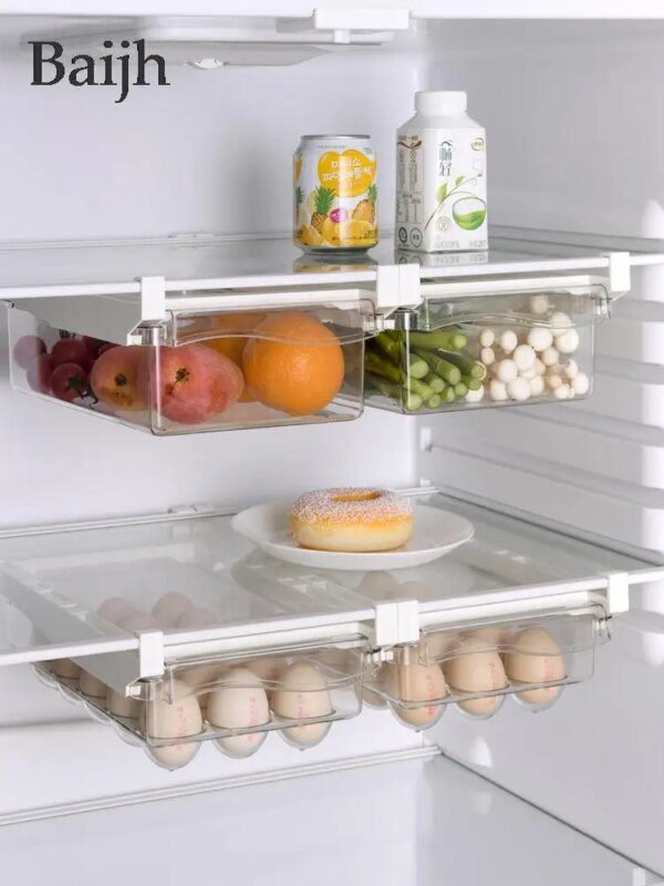 Boîte de rangement en plastique transparent pour fruits et aliments, organisateur de réfrigérateur coulissant sous étagère