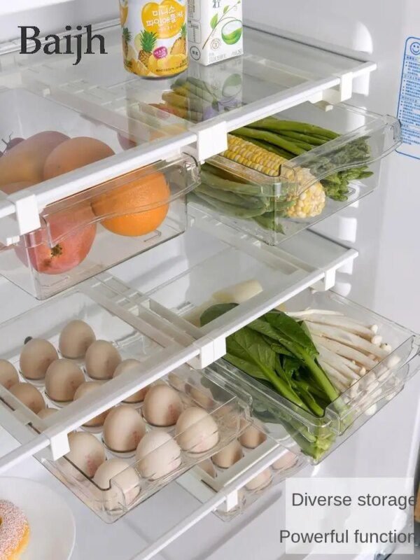 Boîte de rangement en plastique transparent pour fruits et aliments, organisateur de réfrigérateur coulissant sous étagère