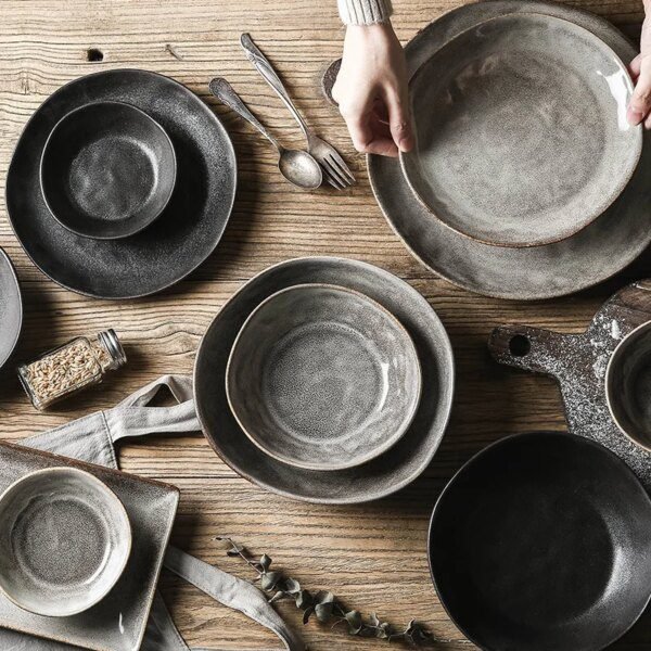 Assiette japonaise bol de riz plateau de nourriture rétro gris vaisselle en porcelaine