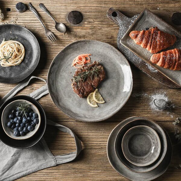 Assiette japonaise bol de riz plateau de nourriture rétro gris vaisselle en porcelaine