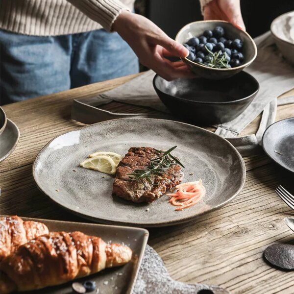 Assiette japonaise bol de riz plateau de nourriture rétro gris vaisselle en porcelaine