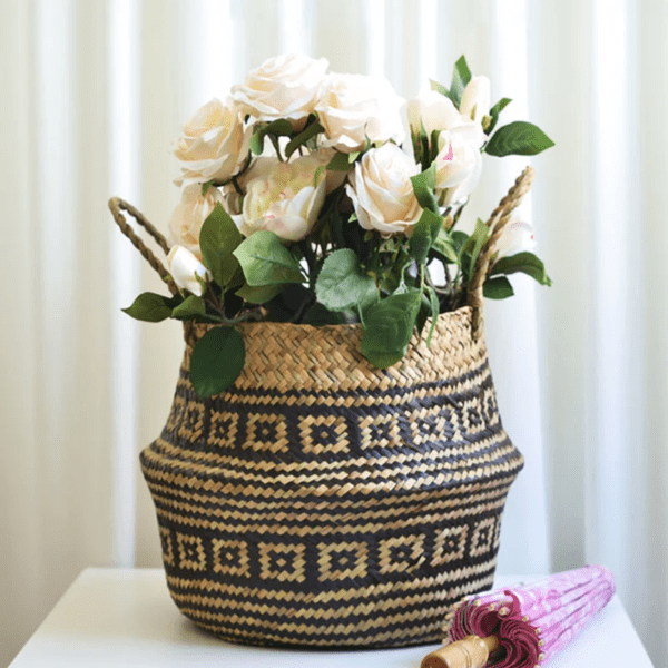 Panier de rangement en osier d'algues, pot de fleurs suspendu en rotin pour vêtements jouets, panier de rangement Binaural pliant en paille, panier de fleurs de décoration de maison