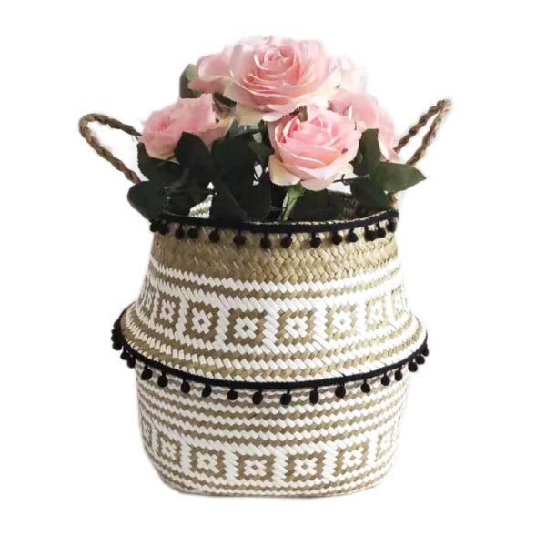 Panier de rangement en osier d'algues, pot de fleurs suspendu en rotin pour vêtements jouets, panier de rangement Binaural pliant en paille, panier de fleurs de décoration de maison