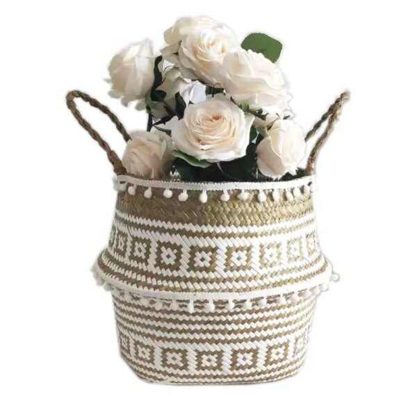 Panier de rangement en osier d'algues, pot de fleurs suspendu en rotin pour vêtements jouets, panier de rangement Binaural pliant en paille, panier de fleurs de décoration de maison