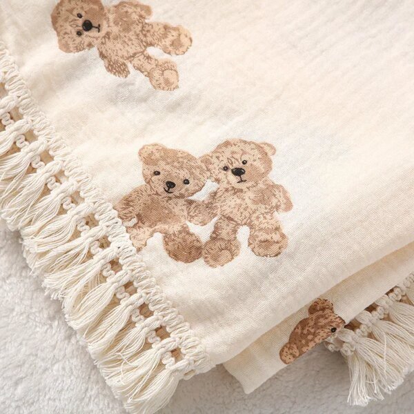Couette Bébé Ours en Mousseline – Couverture Été Douce